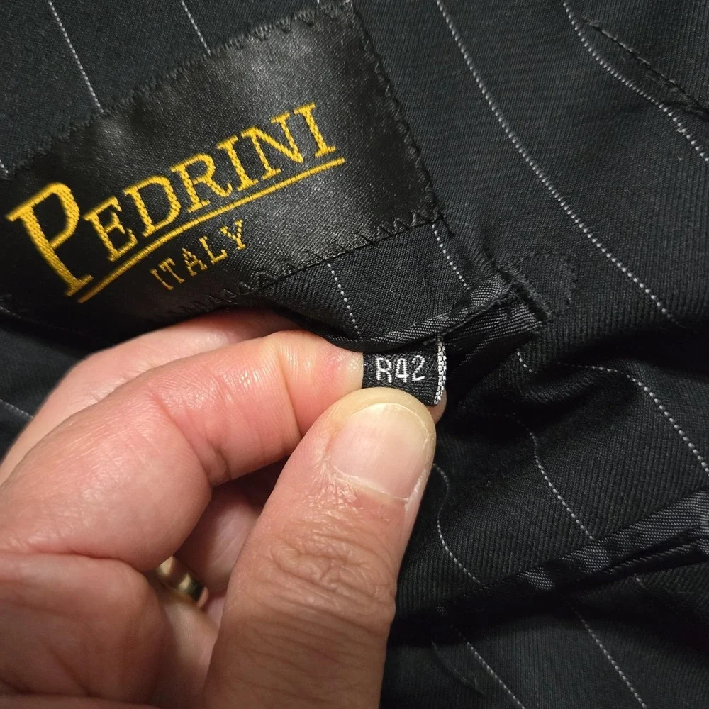 Pedrini Italy Suit Jacket Mens 42R Black Pinstripe Poly‎ Viscose 3 Button Formal